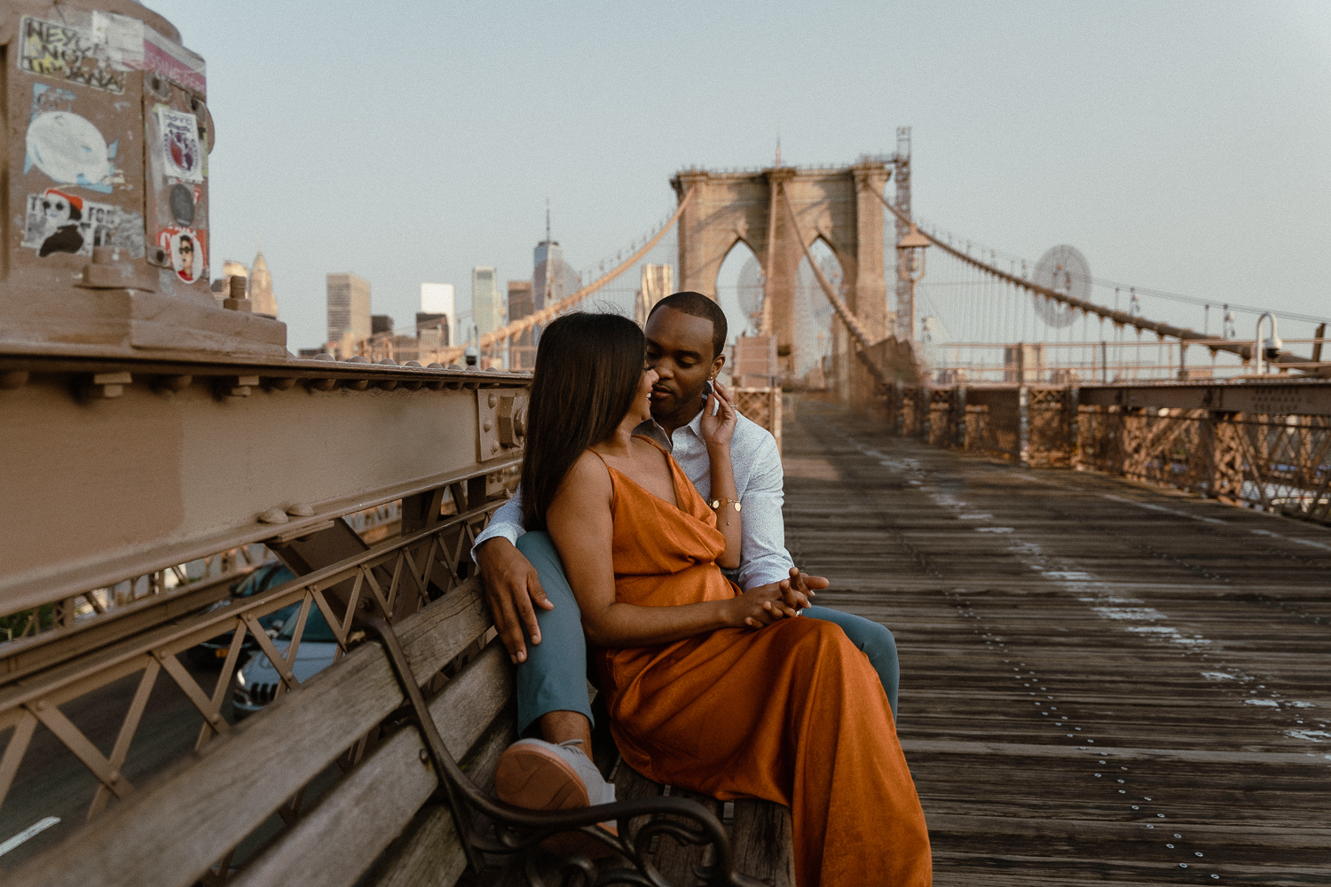 sunrise engagement shoot on Brooklyn Bridge in new york city