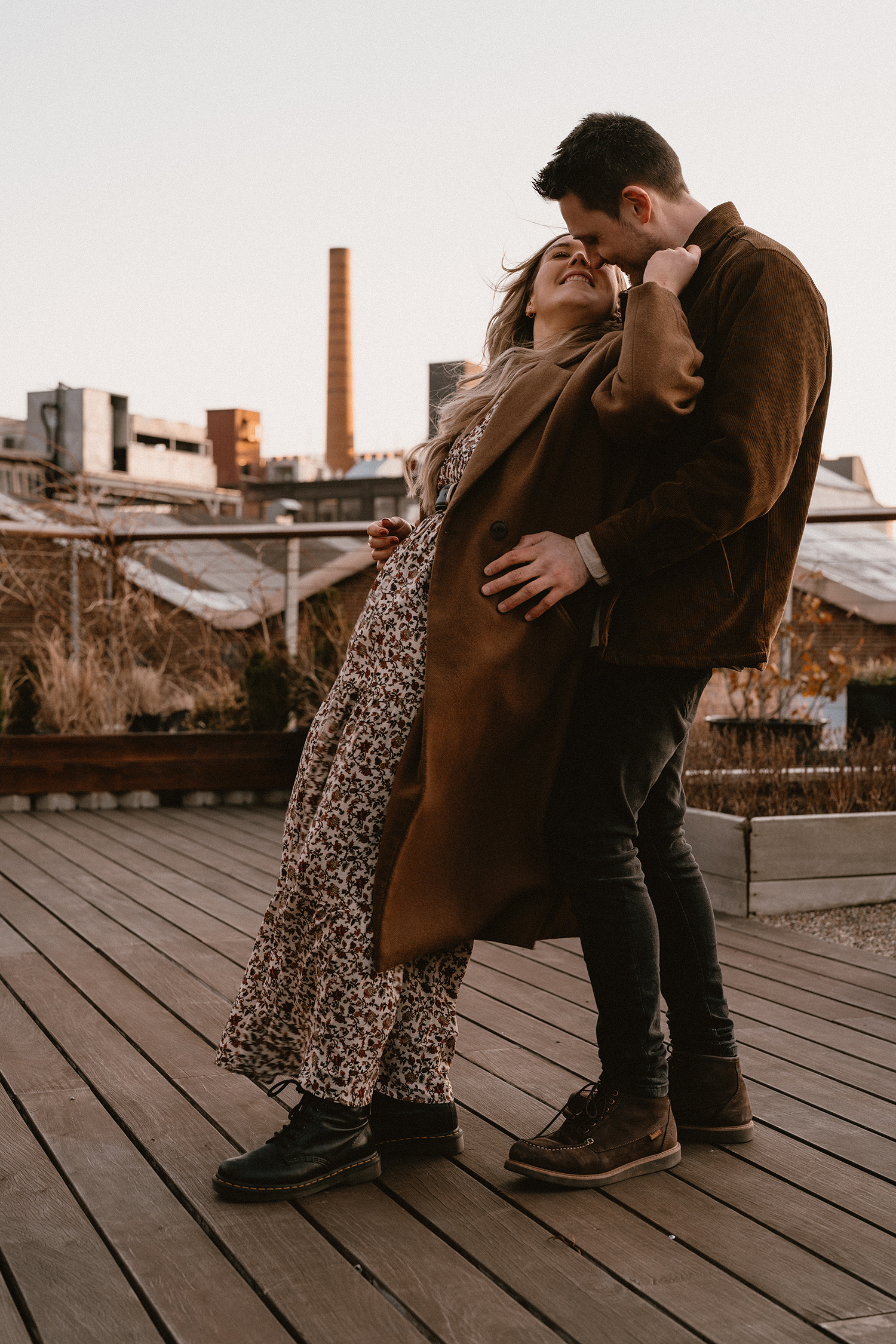 Rooftop photos during a Williamsburg engagement photoshoot.