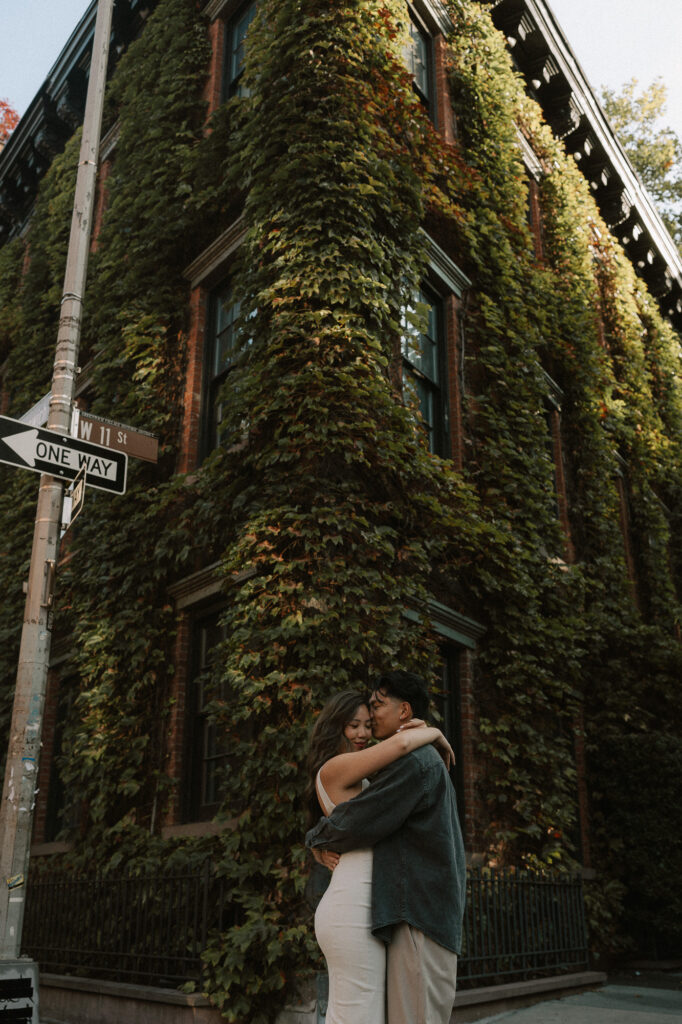 Couples Session in Greenwich Village Manhattan scene of Ivy covered brownstones
