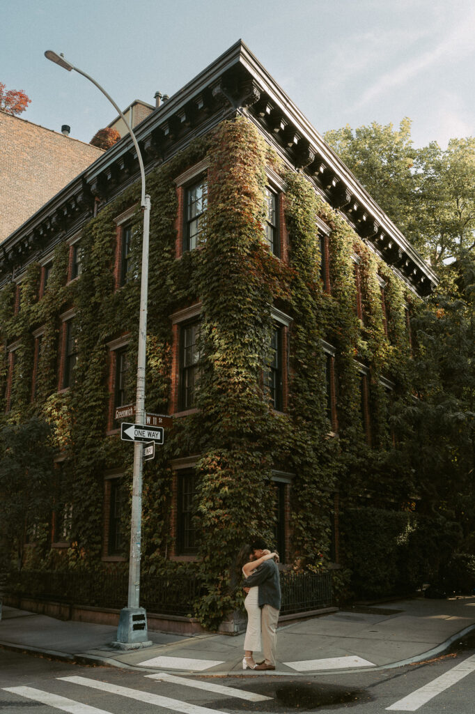 Couples Session in Greenwich Village Manhattan scene of Ivy covered brownstones