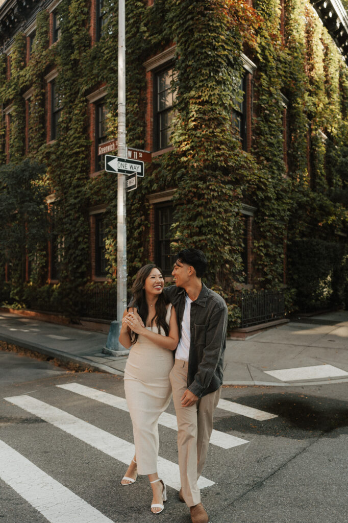 Engagement session walking the streets of West Village NY early morning sunlight