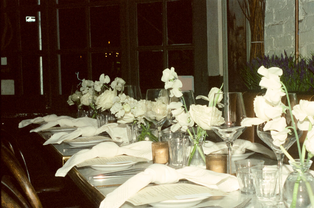 film shot of table scape at Mino’s Brasserie in West Village