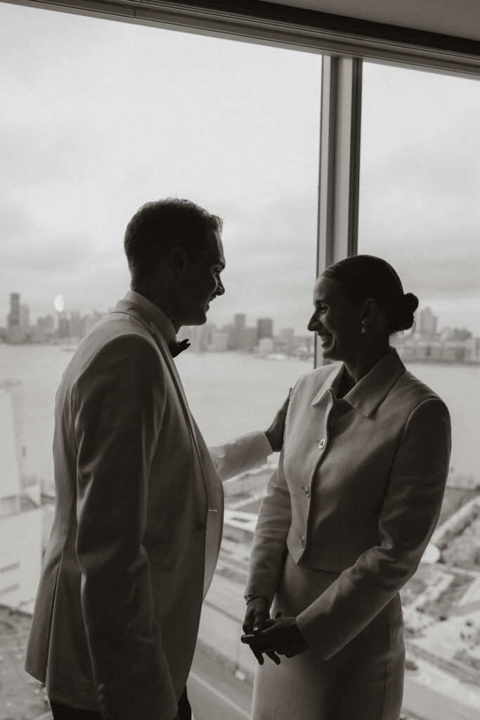 Bride and Groom black and white image with NYC cityscape in background