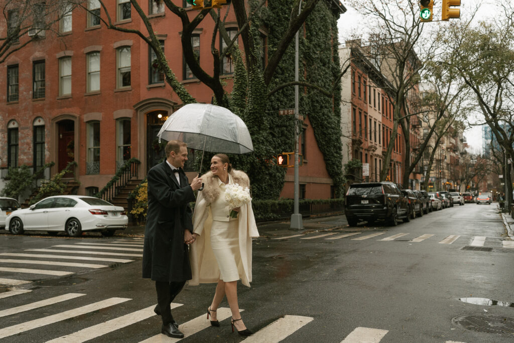 West Village New York cross walk image of just married couple crossing