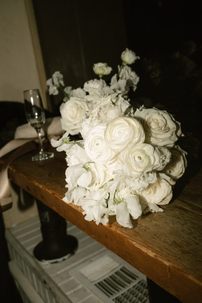 Close up of the winter white floral bouquet by Rachel Cho Floral Design