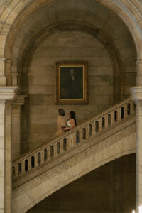 New York Public Library Engagement Photo on marble staircase